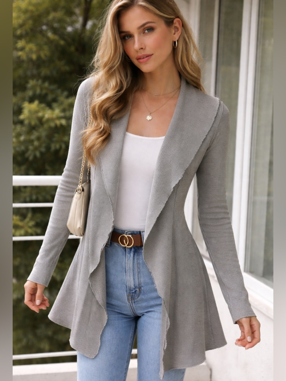 Cut loose Raw Hem Ribbed Open Front Cardigan Jacket Grey Small Lagenlook